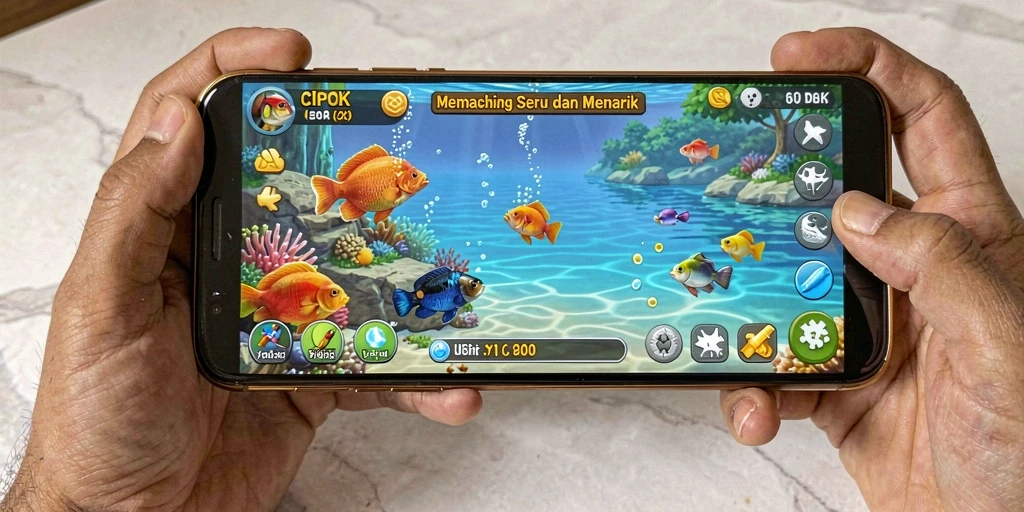 Tampilan gameplay <strong>CIPOK</strong> menunjukkan aksi memancing yang seru dengan berbagai jenis ikan.
