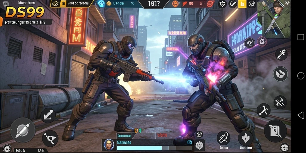 Screenshot utama DS99 menunjukkan pertempuran intens di medan perang TPS.