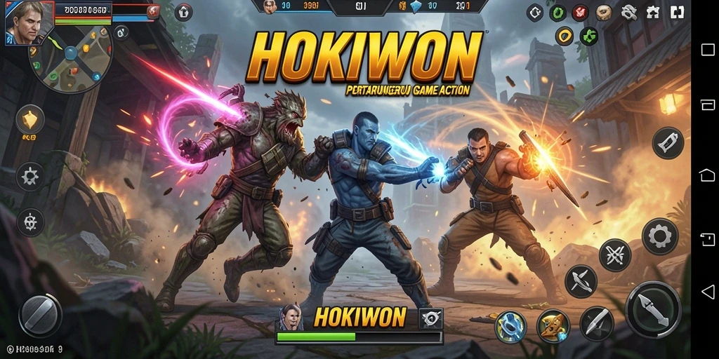 Tangkapan layar utama HOKIWON menunjukkan aksi pertarungan yang seru dan dinamis.