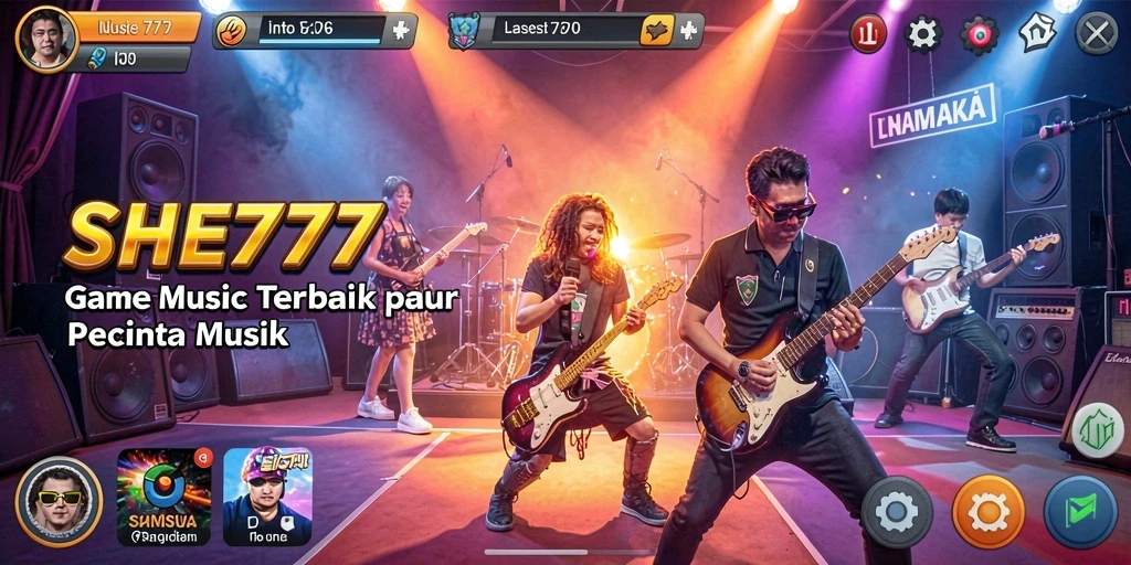 Tampilan interaktif gameplay SHE777 yang menonjolkan musik.