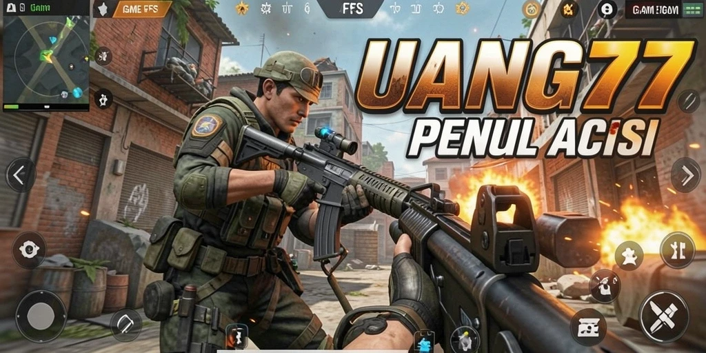 Screenshot gameplay UANG77 menunjukkan aksi tembak-menembak yang intens.